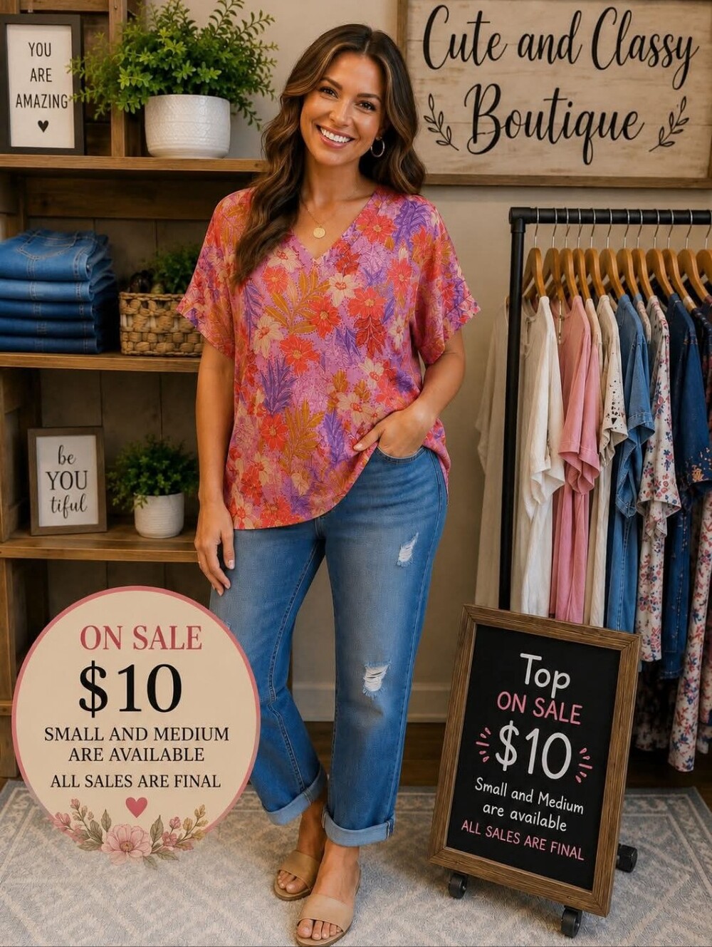Floral V-Neck Short Sleeve Top - Pink Orange Purple